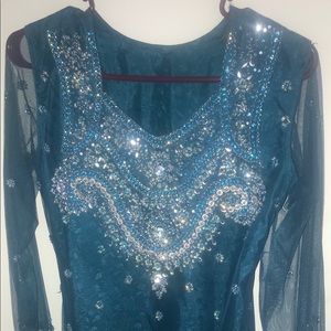 Teal beaded tunic with matching pants and shawl